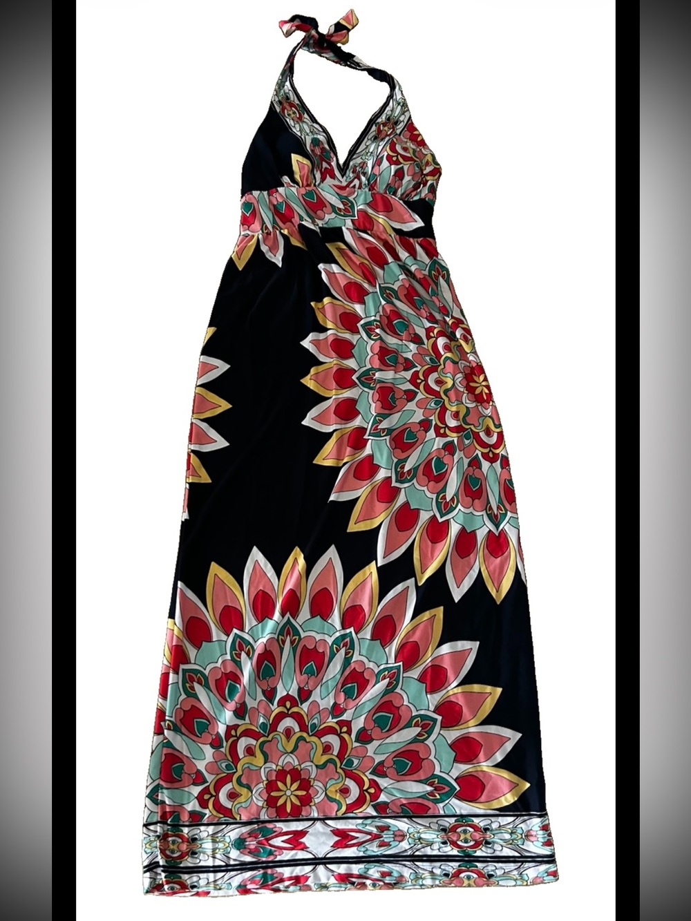 Olivia Matthew’s Multi Floral Medallion Halter Smocked Padded Maxi Dress Medium